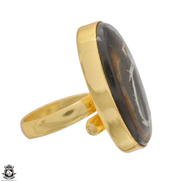 Size 9.5 - Size 11 Adjustable Septarian Nodule 24K Gold Plated Ring GPR1229