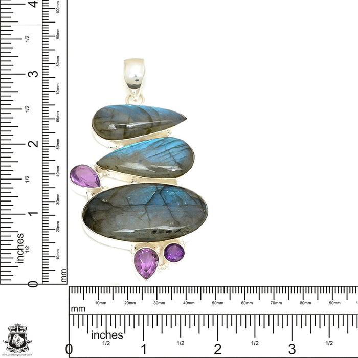 3.3 inch Labradorite Amethyst Pendant & Chain P7726