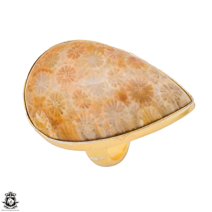 Size 7.5 - Size 9 Adjustable Fossilized Bali Coral 24K Gold Plated Ring GPR1334