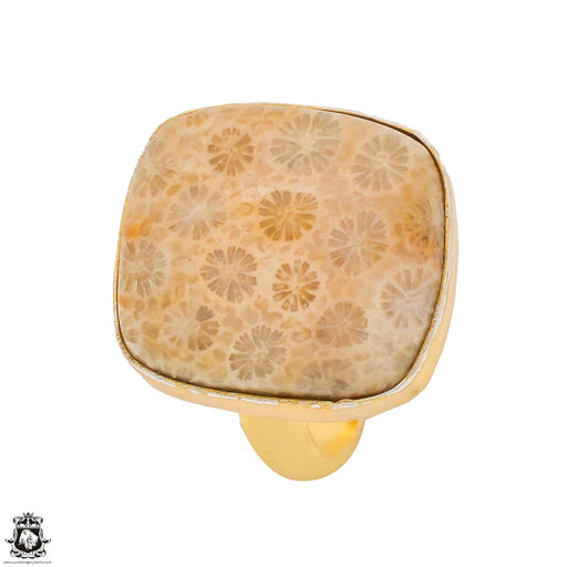 Size 8.5 - Size 10 Ring Fossilized Bali Coral 24K Gold Plated Ring GPR1338
