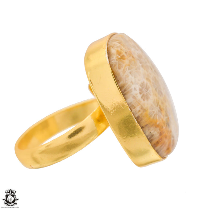 Size 8.5 - Size 10 Adjustable Fossilized Bali Coral 24K Gold Plated Ring GPR1339