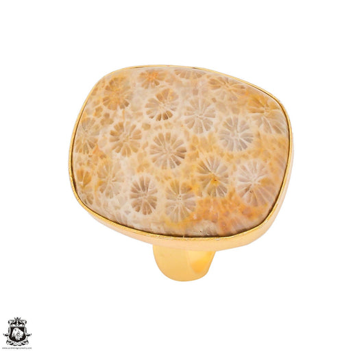 Size 8.5 - Size 10 Adjustable Fossilized Bali Coral 24K Gold Plated Ring GPR1339