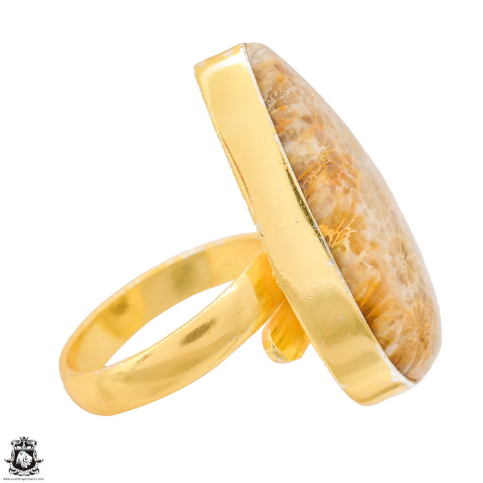 Size 9.5 - Size 11 Adjustable Fossilized Bali Coral 24K Gold Plated Ring GPR1341