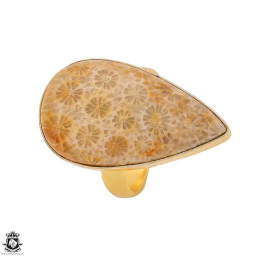 Size 9.5 - Size 11 Adjustable Fossilized Bali Coral 24K Gold Plated Ring GPR1341