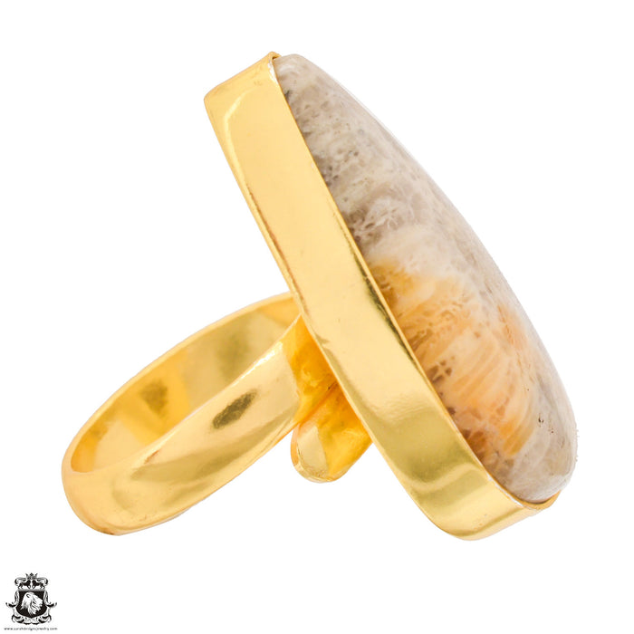 Size 7.5 - Size 9 Adjustable Fossilized Bali Coral 24K Gold Plated Ring GPR1344