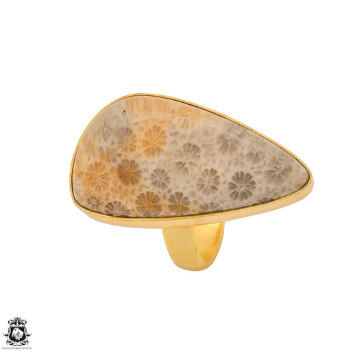 Size 7.5 - Size 9 Adjustable Fossilized Bali Coral 24K Gold Plated Ring GPR1344