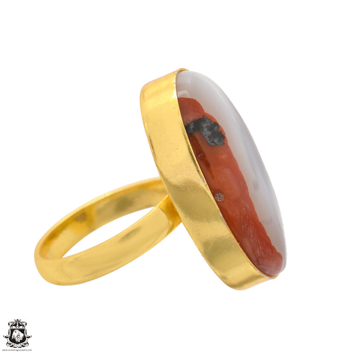Size 9.5 - Size 11 Ring Laguna Lace Agate 24K Gold Plated Ring GPR1351