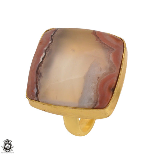 Size 7.5 - Size 9 Adjustable Laguna Lace Agate 24K Gold Plated Ring GPR1353