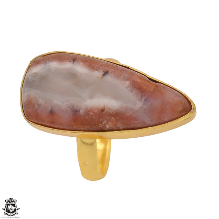 Size 10.5 - Size 12 Adjustable Laguna Lace Agate 24K Gold Plated Ring GPR1354