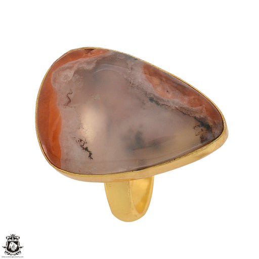 Size 10.5 - Size 12 Adjustable Laguna Lace Agate 24K Gold Plated Ring GPR1355