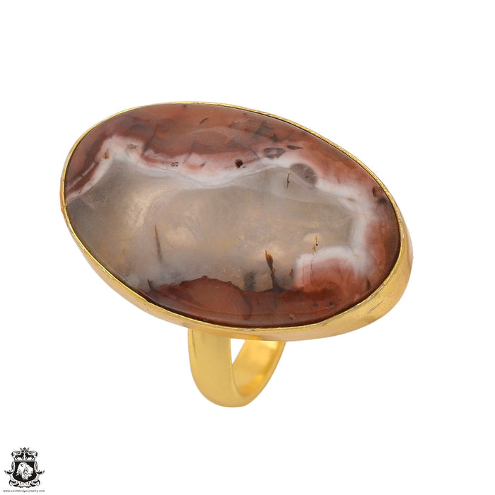 Size 7.5 - Size 9 Adjustable Laguna Lace Agate 24K Gold Plated Ring GPR1358