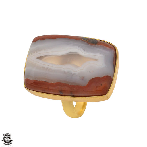 Size 8.5 - Size 10 Adjustable Laguna Lace Agate 24K Gold Plated Ring GPR1359