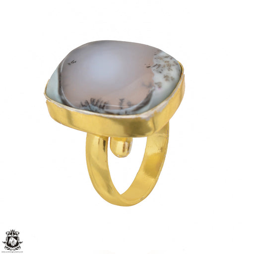 Size 7.5 - Size 9 Adjustable Dendritic Opal Merlinite 24K Gold Plated Ring GPR1481