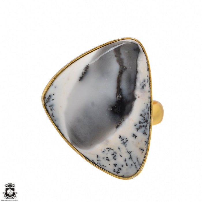 Size 7.5 - Size 9 Adjustable Dendritic Opal Merlinite 24K Gold Plated Ring GPR1485
