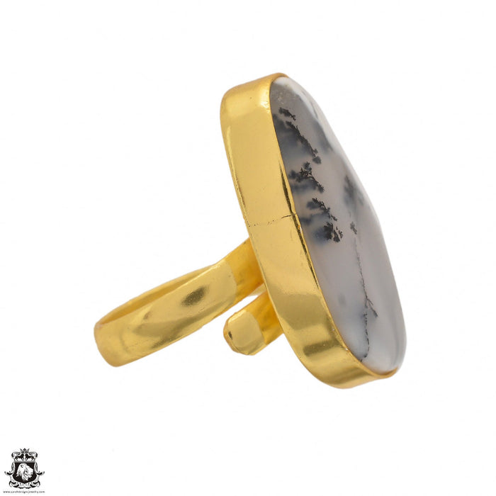 Size 6.5 - Size 8 Ring Dendritic Opal Merlinite 24K Gold Plated Ring GPR1486
