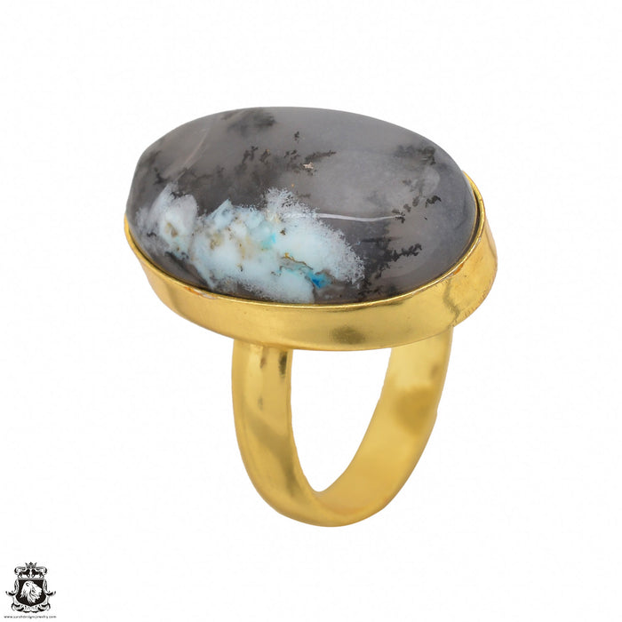 Size 8.5 - Size 10 Ring Dendritic Opal Merlinite 24K Gold Plated Ring GPR1490