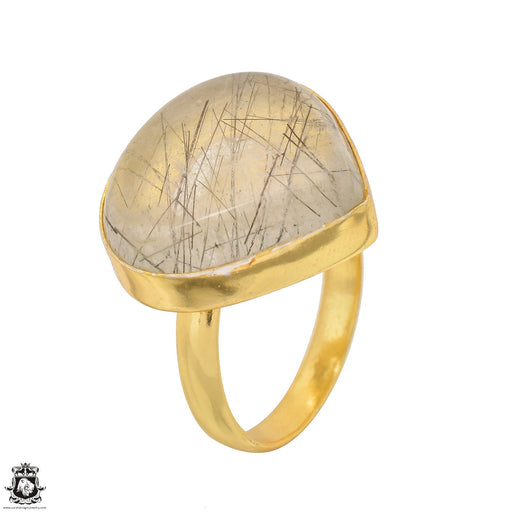 Size 9.5 - Size 11 Adjustable Tourmalated Quartz 24K Gold Plated Ring GPR1497