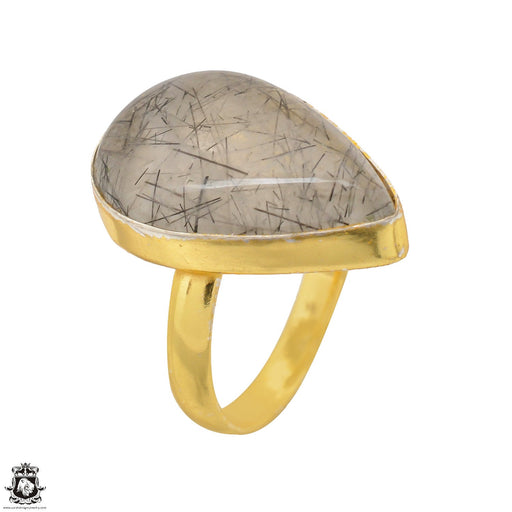 Size 9.5 - Size 11 Adjustable Tourmalated Quartz 24K Gold Plated Ring GPR1500