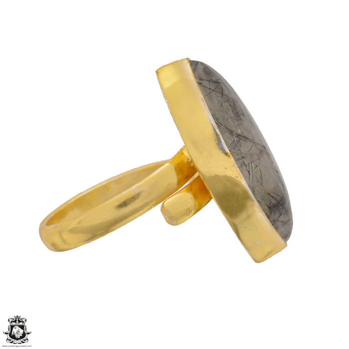 Size 9.5 - Size 11 Ring Tourmalated Quartz 24K Gold Plated Ring GPR1509