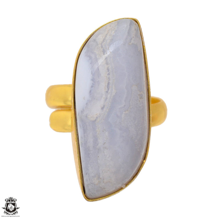 Size 9.5 - Size 11 Ring Blue Lace Agate 24K Gold Plated Ring GPR1699