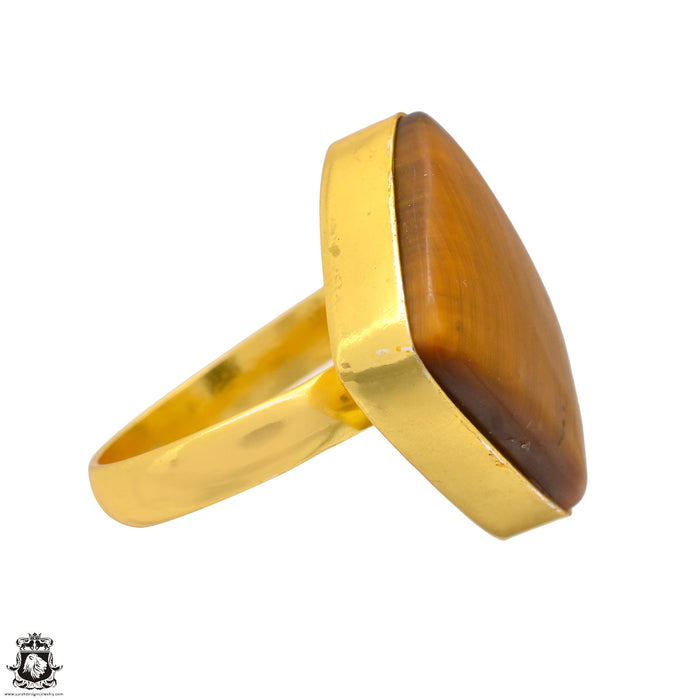 Size 9.5 - Size 11 Adjustable Tiger's Eye 24K Gold Plated Ring GPR1728