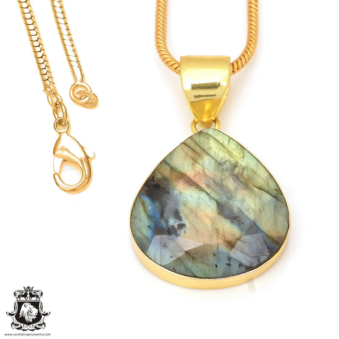 Faceted Labradorite 24K Gold Plated Pendant 3mm Snake Chain GPH114