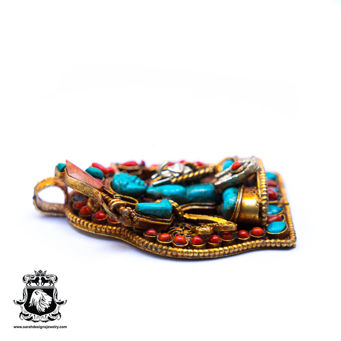 Turquoise Manjushri Gold Plated Tibetan Prayer Box Pendant 3MM Chain N65