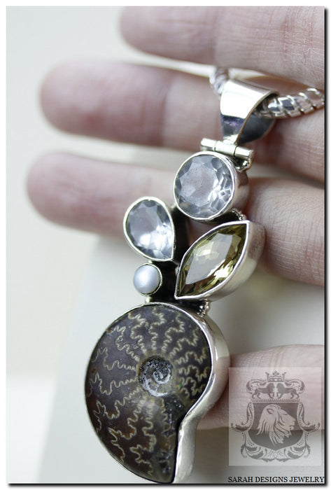 Placenticeras Ammonite Fossil Citrine Pearl 925 Sterling Silver Pendant 4mm Snake Chain P17